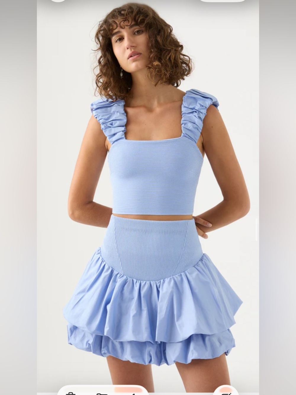 Aje Allard Ruched Strap Knit Top and Turner Bubble skirt in SKY